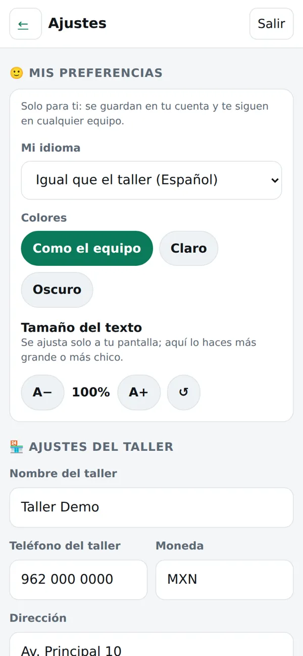 Pantalla de Ajustes