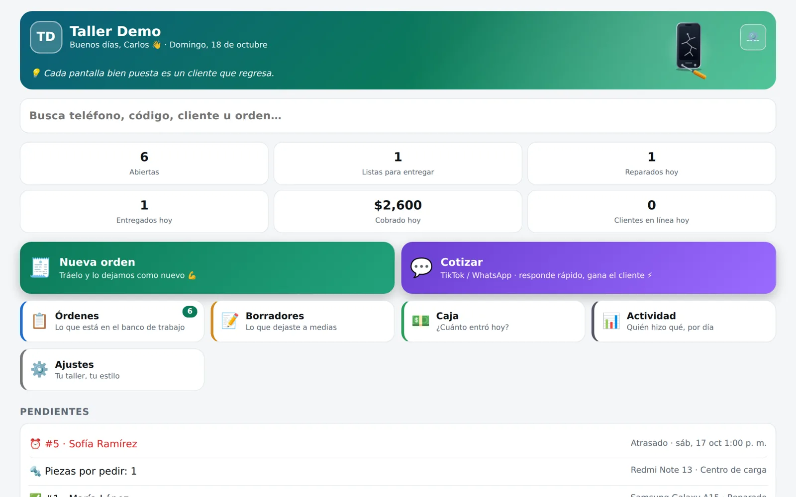 Pantalla de inicio de Oarkit Taller con órdenes abiertas, cobros del día y pendientes