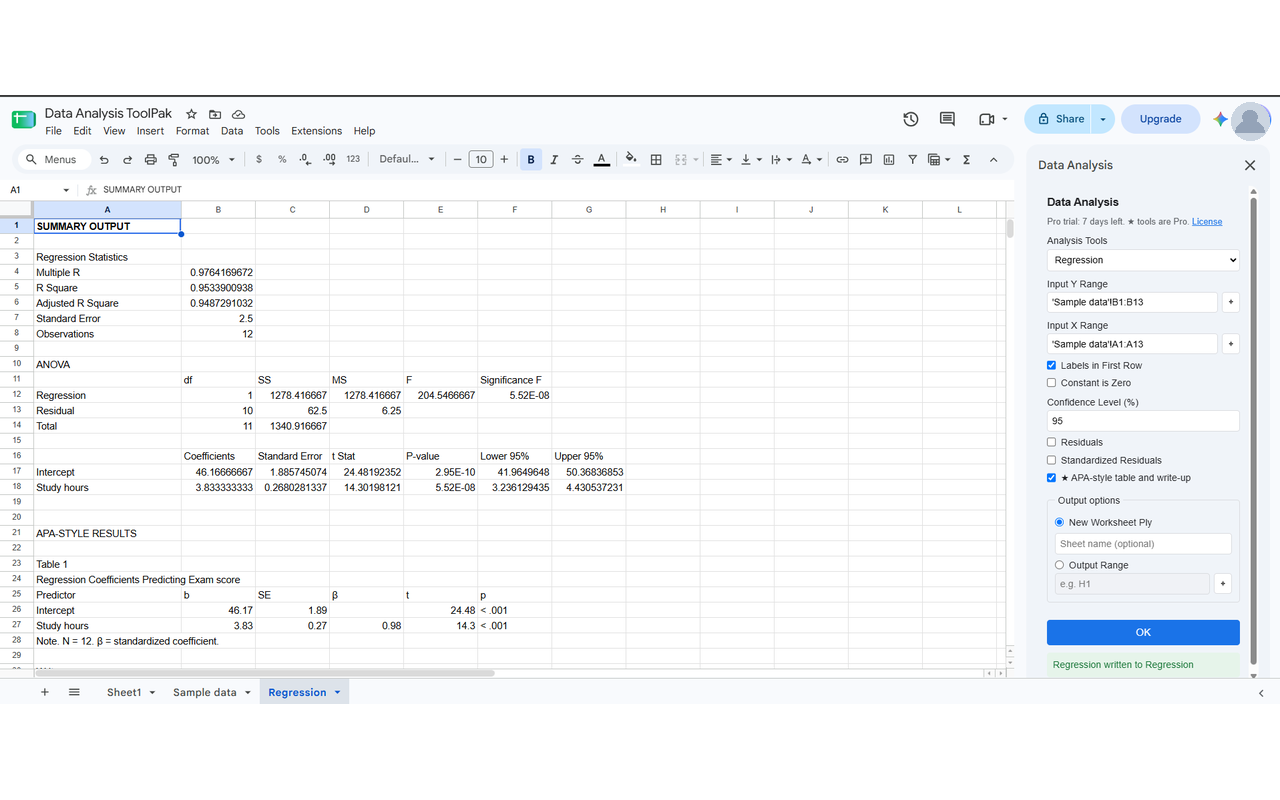 Regression output in Google Sheets